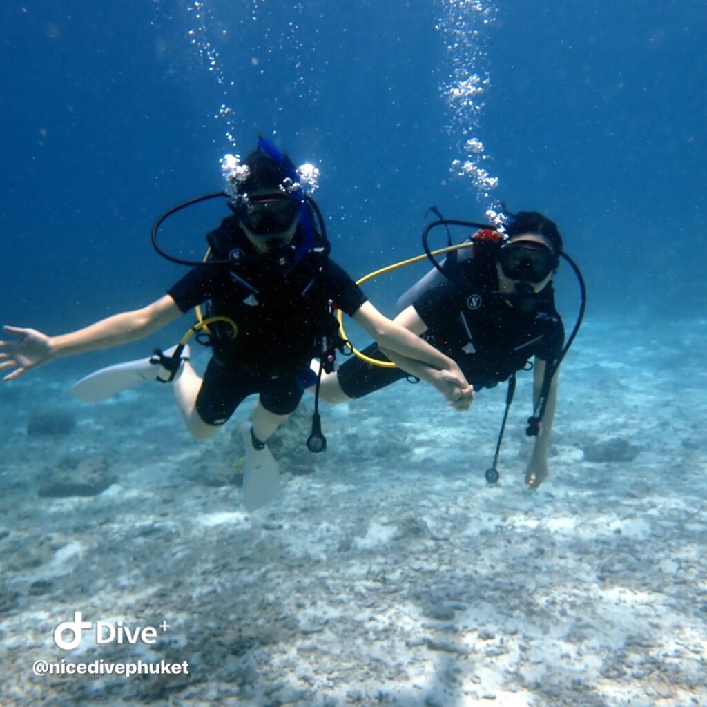 プーケットで手を繋いでダイビングを楽しむ