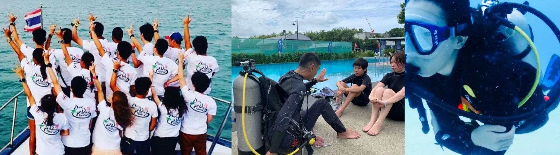 Diving students learning scuba skills in Phuket, including boat briefing, pool training, and underwater practice