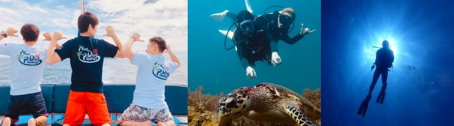 Fun diving in Phuket with Japanese dive guides, featuring divers on the boat and underwater scenes with marine life