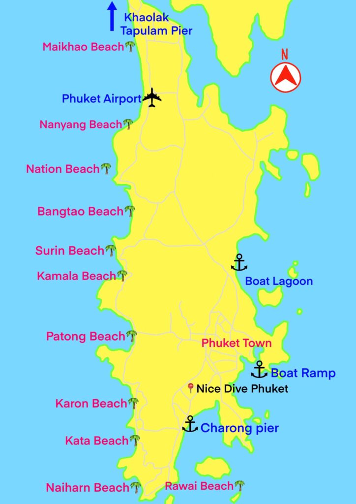 Simplified map of Phuket showing major beaches, ports, and landmarks, with a red pin marking the location of Nice Dive Phuket.
