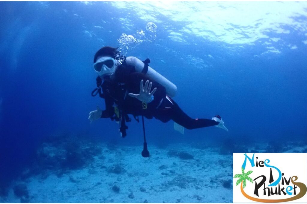 青い海の中で中性浮力をとりながら泳ぐダイバー