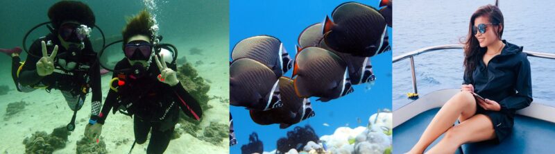 水中でポーズを取るダイバー、サンゴ礁の周りを泳ぐ魚の群れ、そしてボート上でくつろぐ人を並べたコラージュ写真