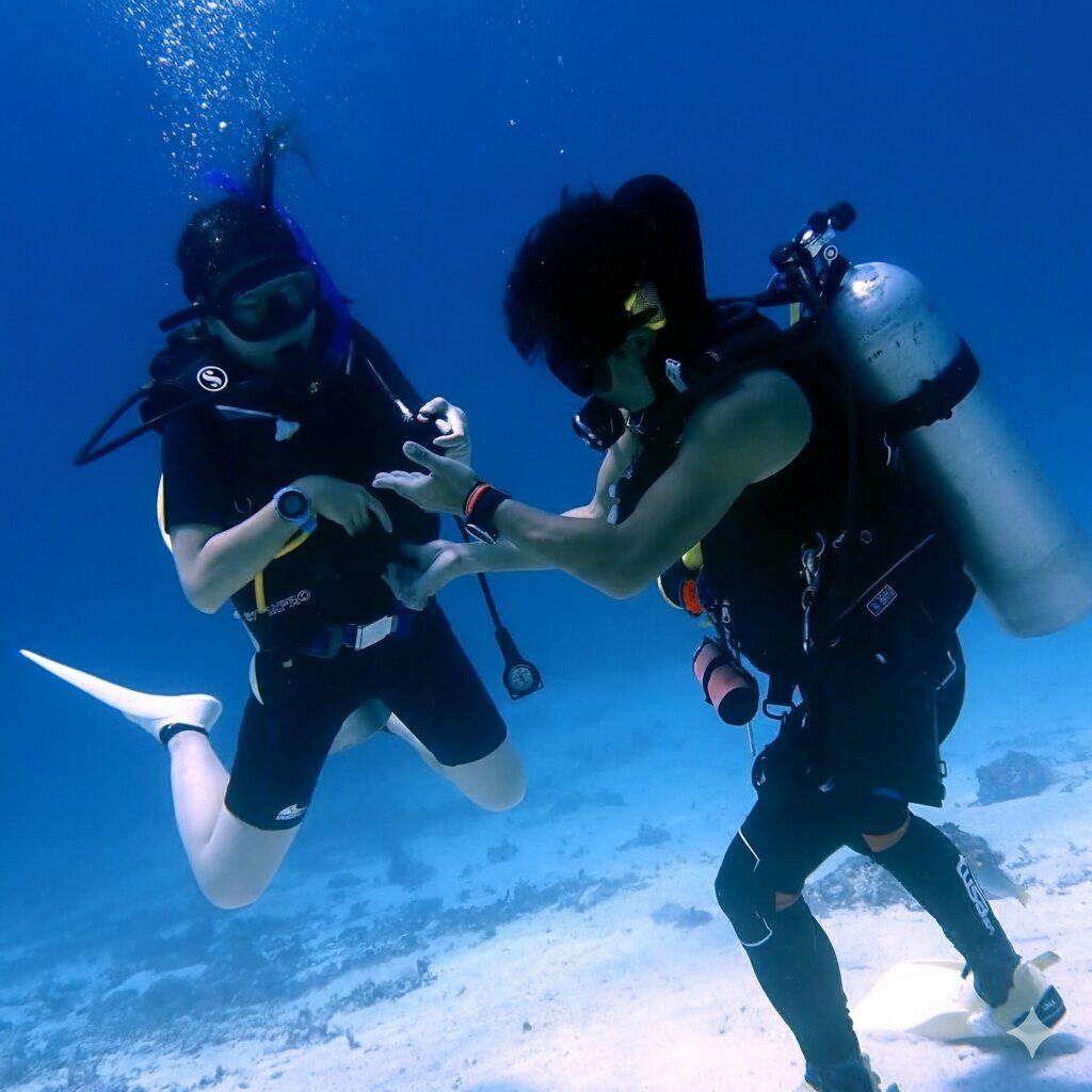 マンツーマンで指導を受ける生徒ダイバー