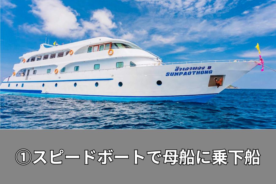 スピードボートで母船に乗下船