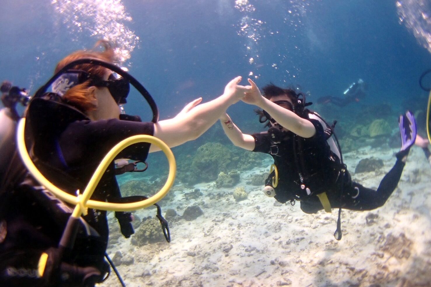 プーケットのダイビングで海中世界を観察するダイバー